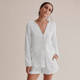 Weißer Langarm-Schlafanzug aus Baumwollkrepp mit Shorts für Klimaanlagen, hautfreundliche Homewear